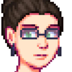 Pixel art of a brown-haired, green-eyed femme white person wearing glasses and dangly earrings.